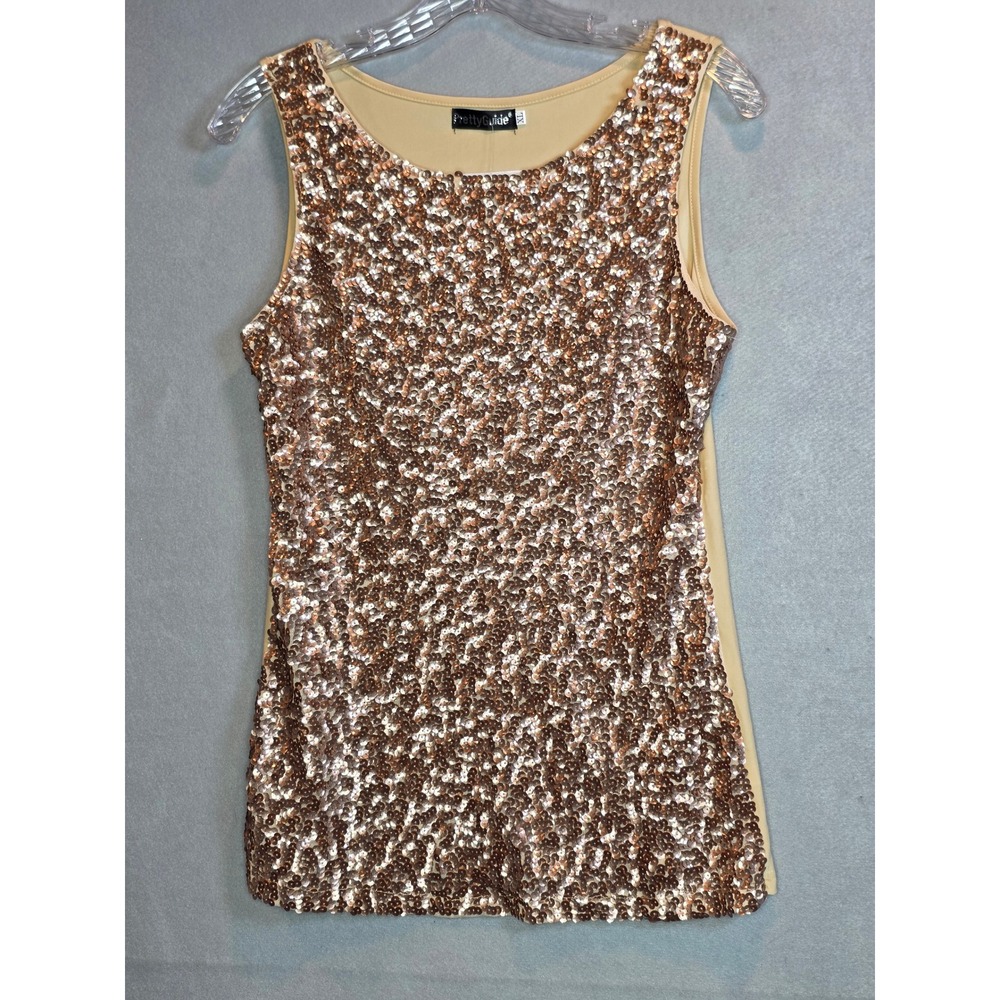PrettyGuide Tank Top Rose Gold Sequin Sleeveless Scoop Neck XL Distressed Glam